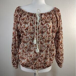 RL Boho Denim & Supply Red Green Yellow Paisley Print Long Sleeve Blouse Size M